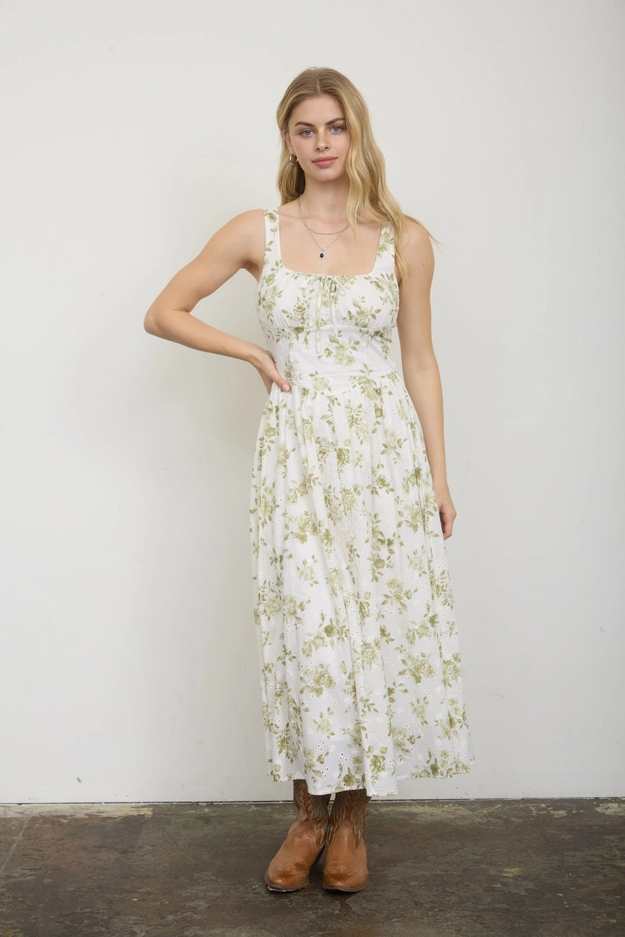 Olive Floral Pattern Midi Dress