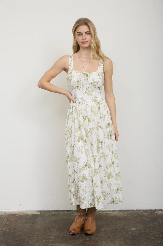 Olive Floral Pattern Midi Dress
