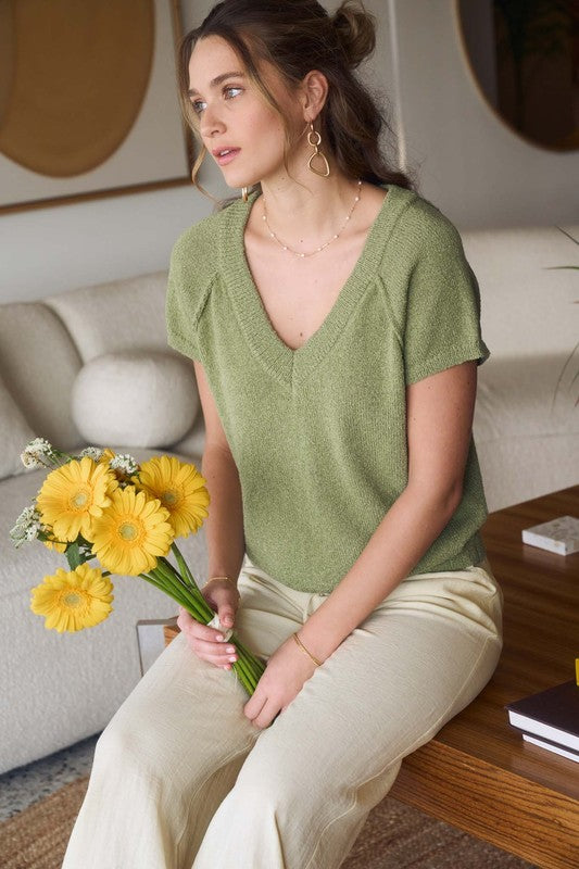 Exposed Seam Sweater Top-Olive