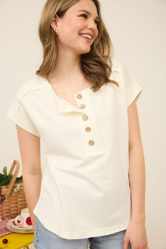 Short Sleeve Henley Top-Ivory
