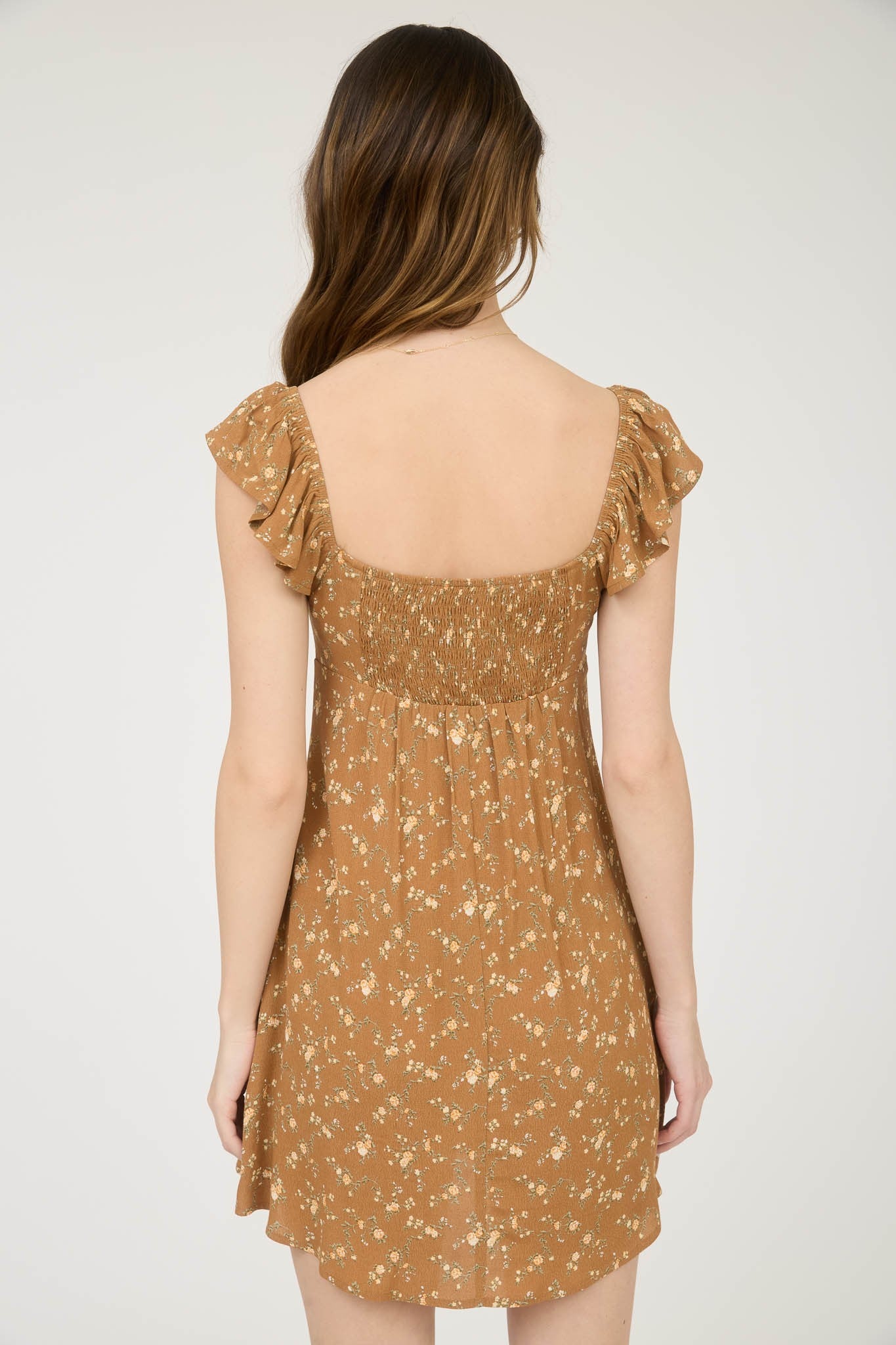 Camel Floral Cut Out with Tie Mini Dress