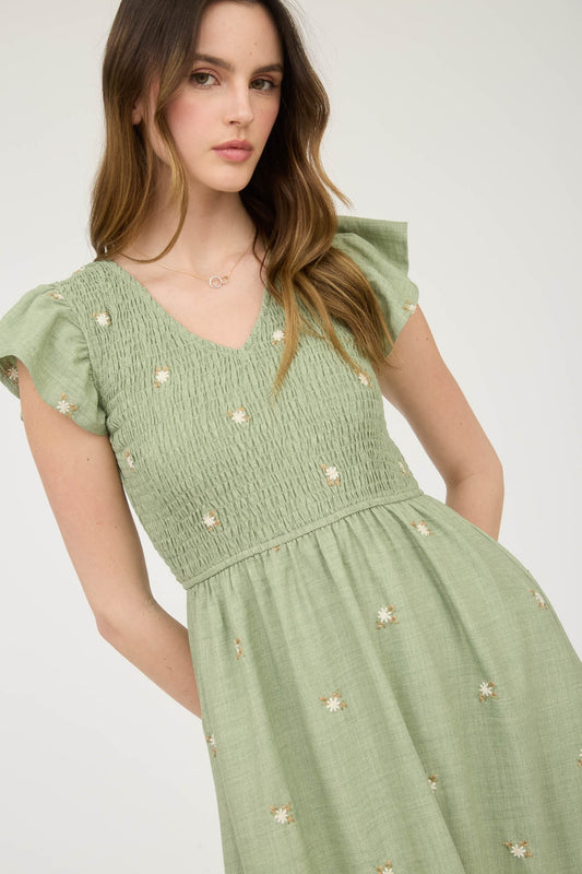 Embroidered Smocked Midi Dress