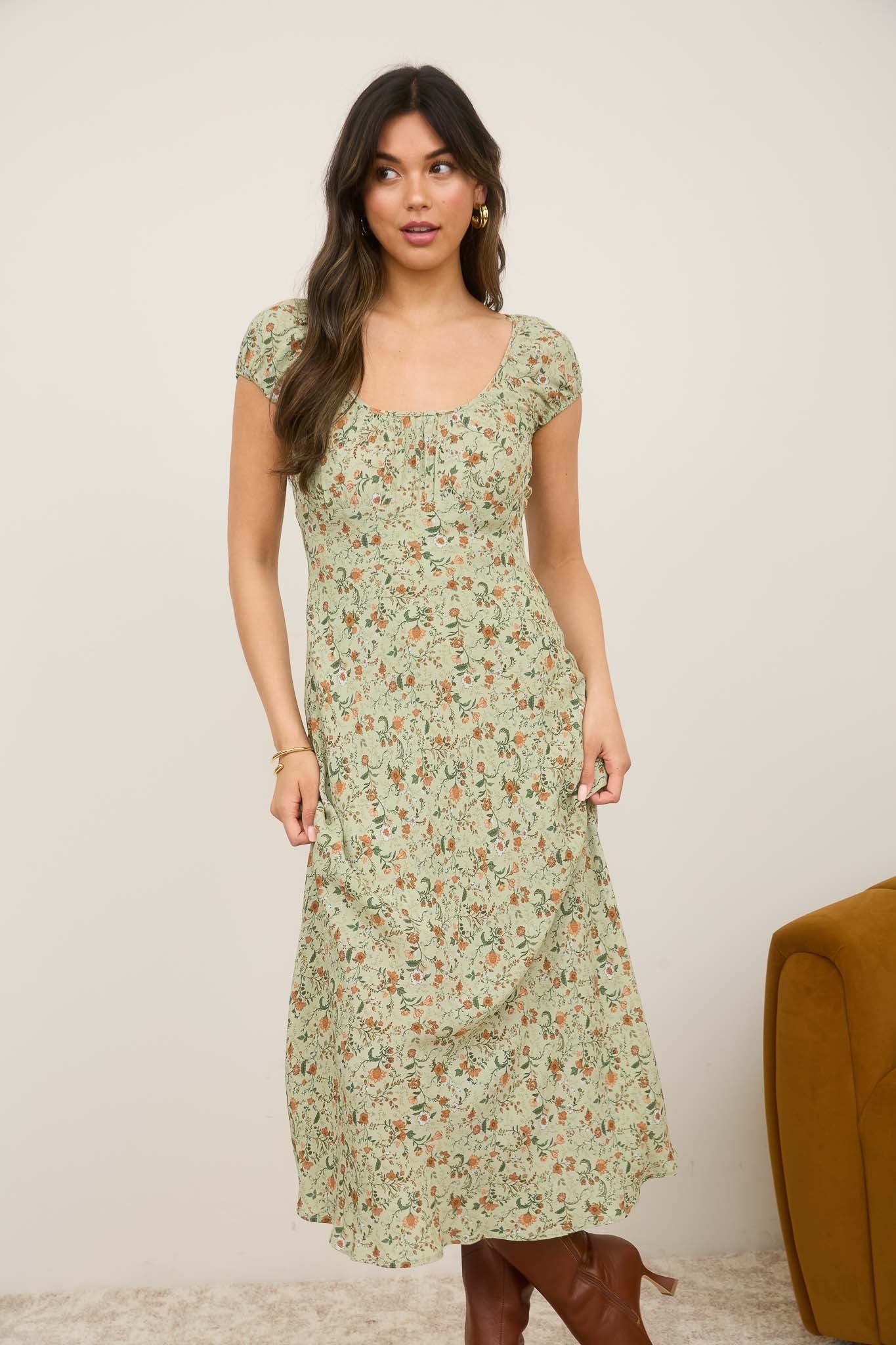Sage Floral Midi Dress