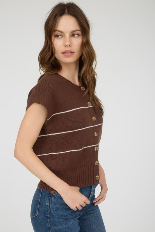 Stripe Button Short Sleeve Cardigan