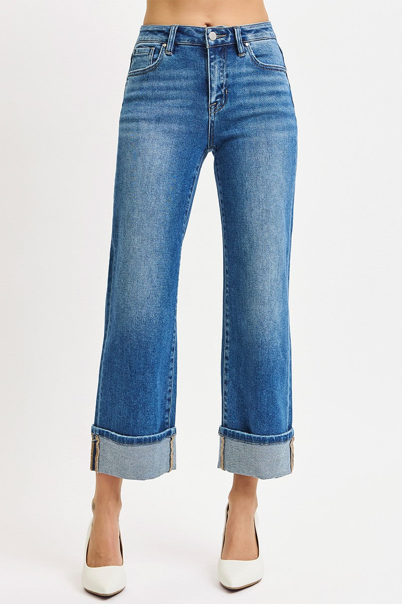 Mid Rise Straight Cuffed Risen Jeans