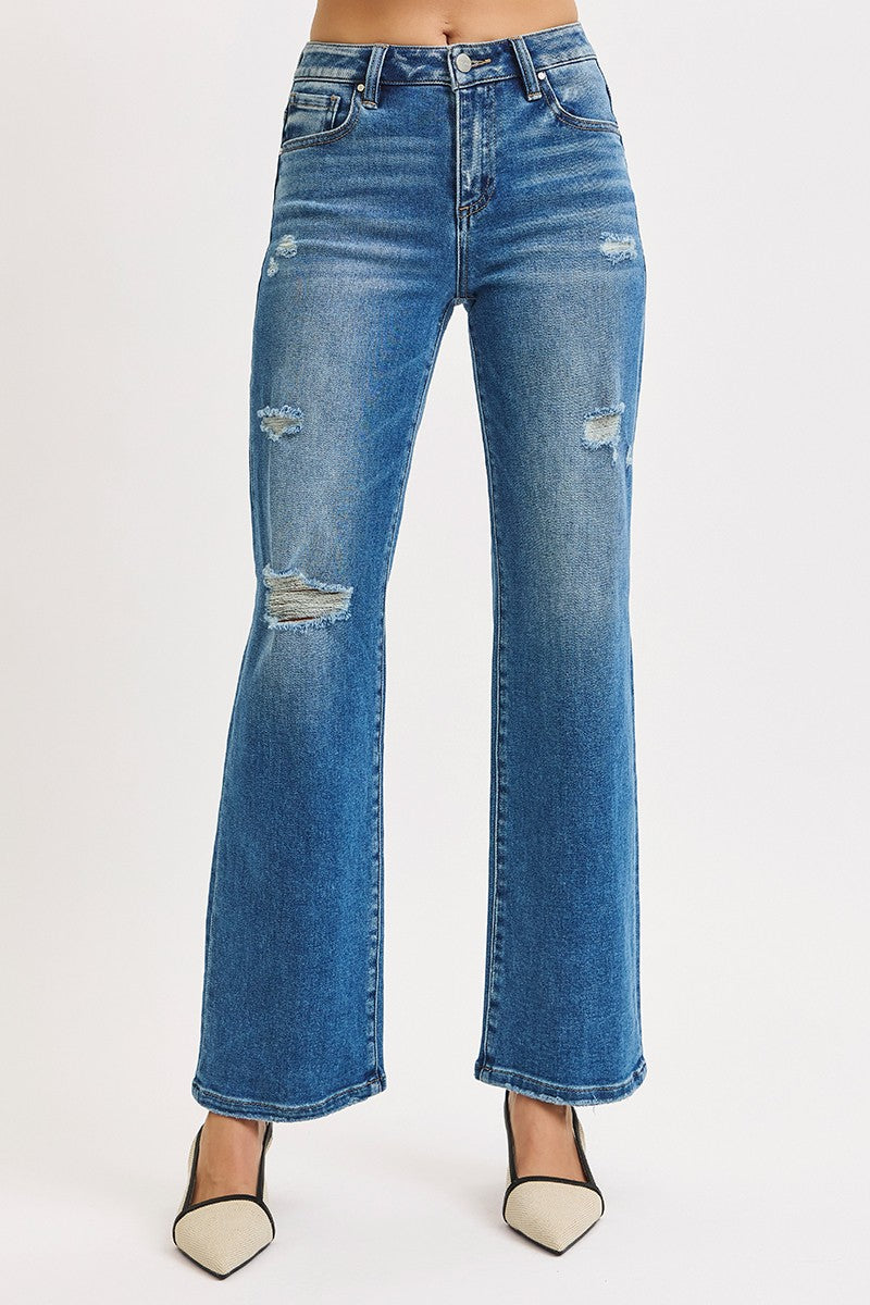 Straight Dark Wash Distressed Risen Jeans