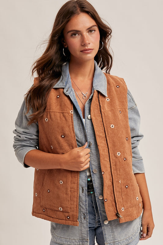 Floral Embroidered Zipper Front Vest