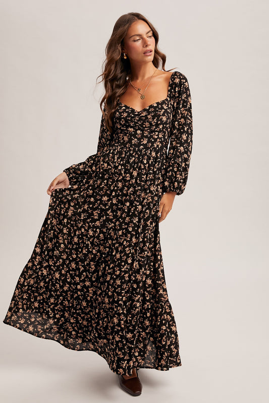 Balloon Sleeve Floral Midi Dress