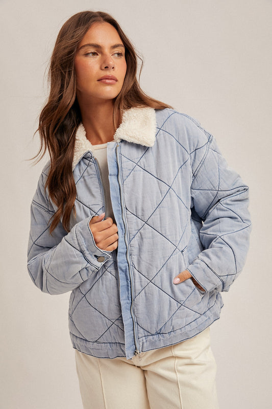 Sherpa Collar Quilted Denim Jacket
