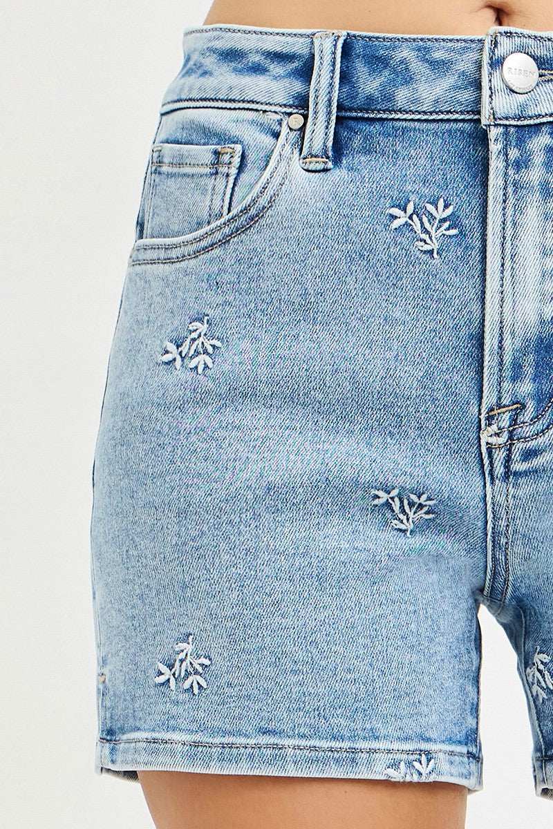 High Rise Embroidered Risen Shorts