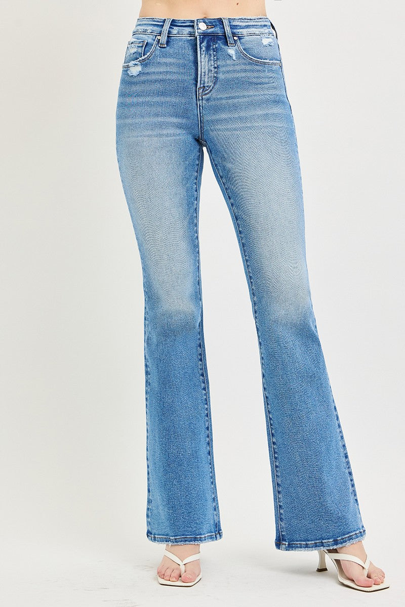 High Rise Medium Wash Flare Risen Jeans