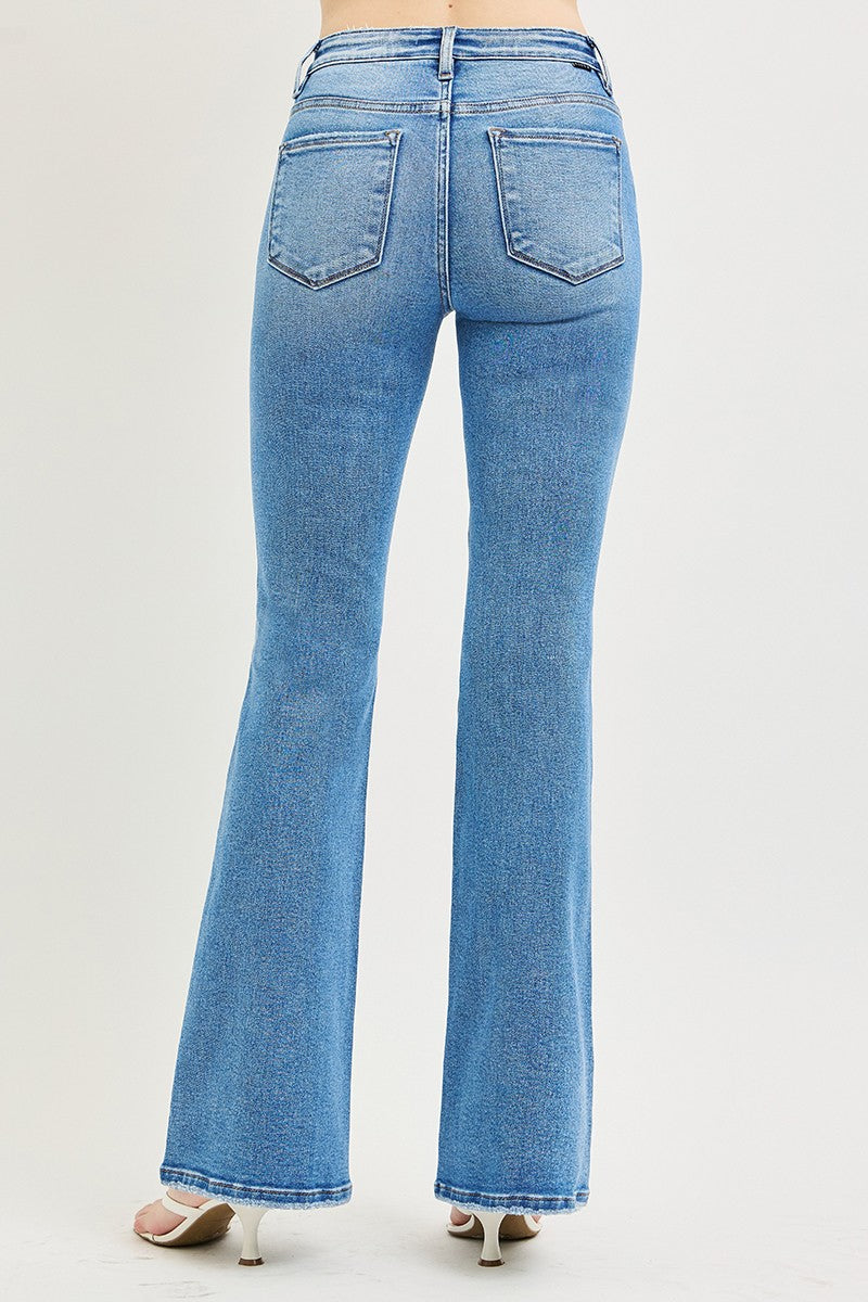 High Rise Medium Wash Flare Risen Jeans