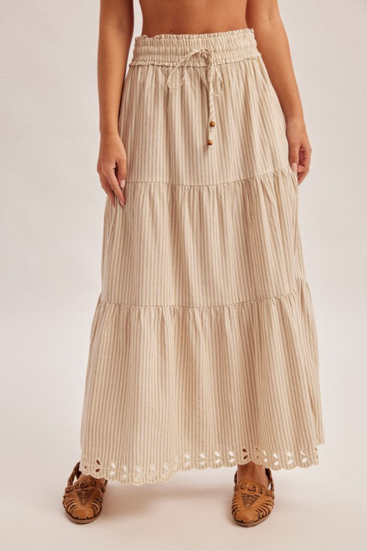 Embroidered Stripe Tiered Maxi Skirt
