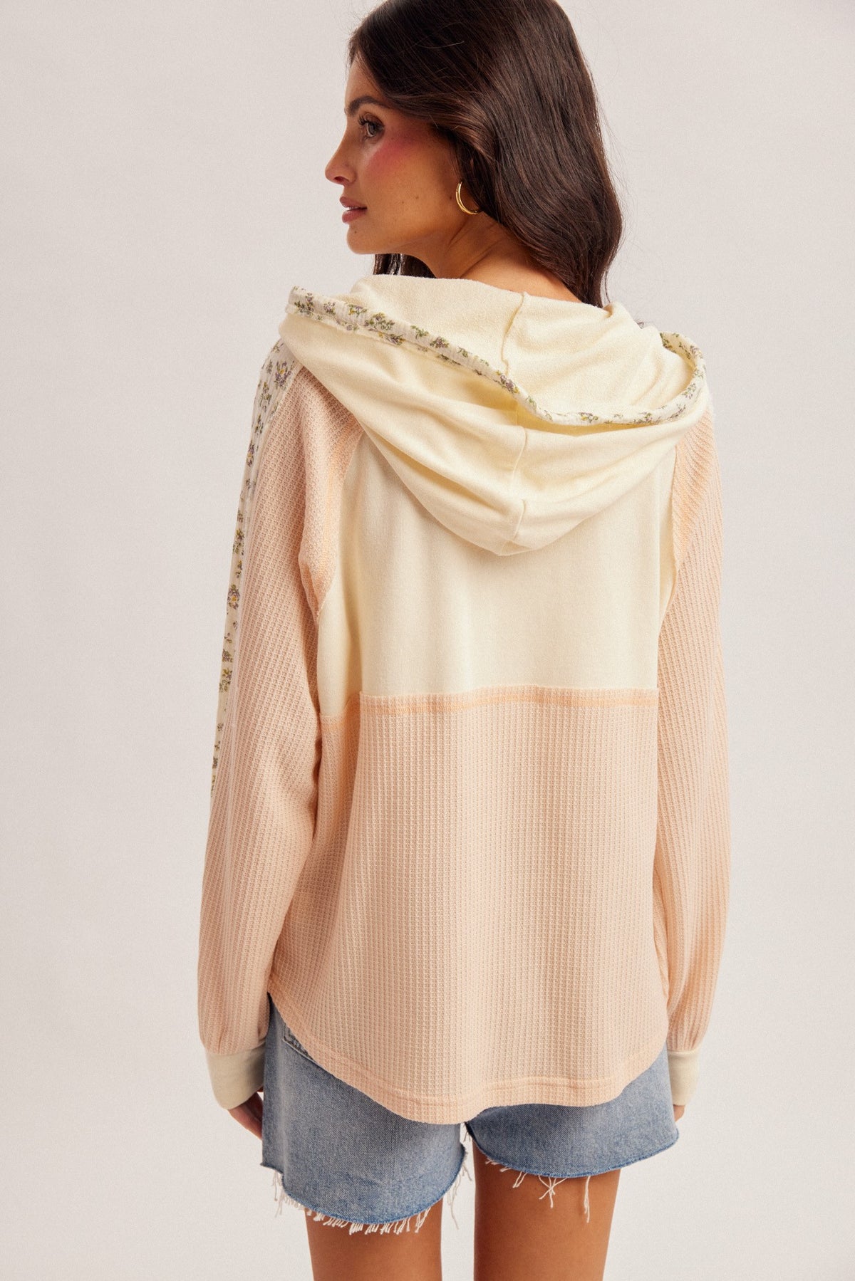 Floral Waffle Color Block Hoodie