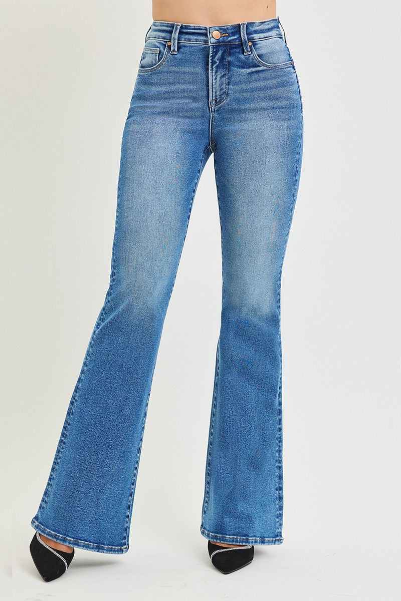 High Rise Medium Wash Flare Risen Jeans