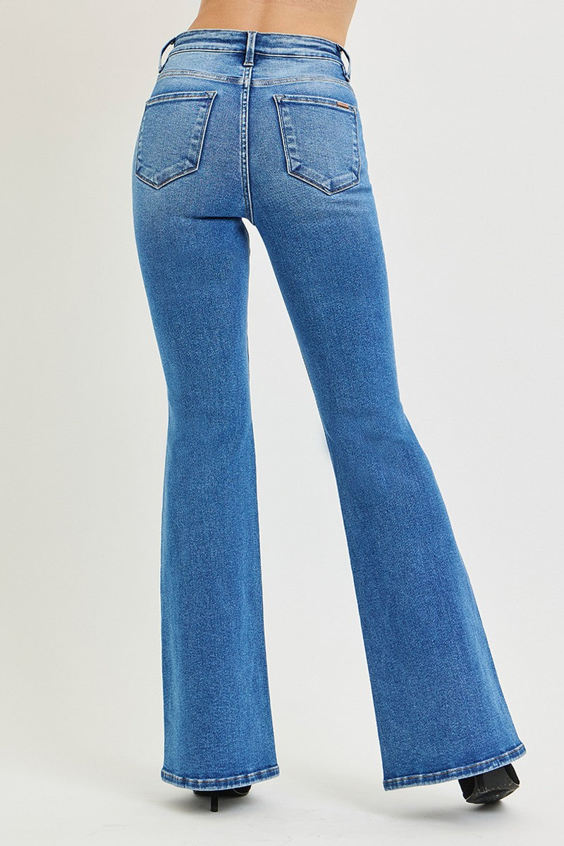 High Rise Medium Wash Flare Risen Jeans