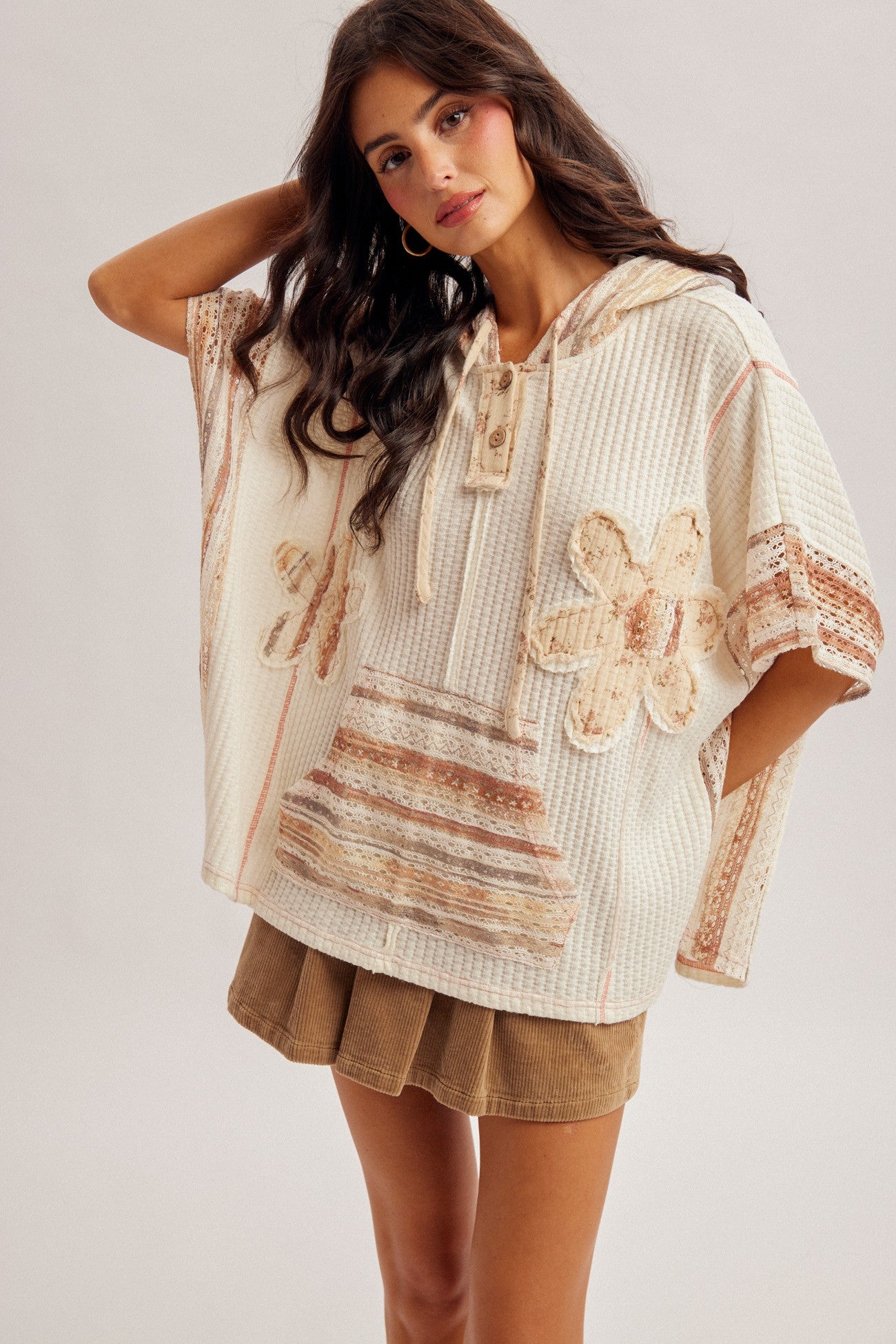 Lace Mixed Poncho Hoodie Top