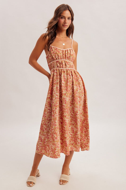 Floral Print Contrast Binding Midi Dress