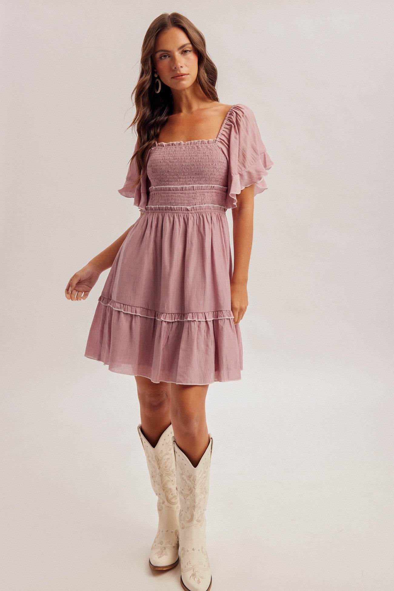 Square Neck Flutter Sleeve Dress