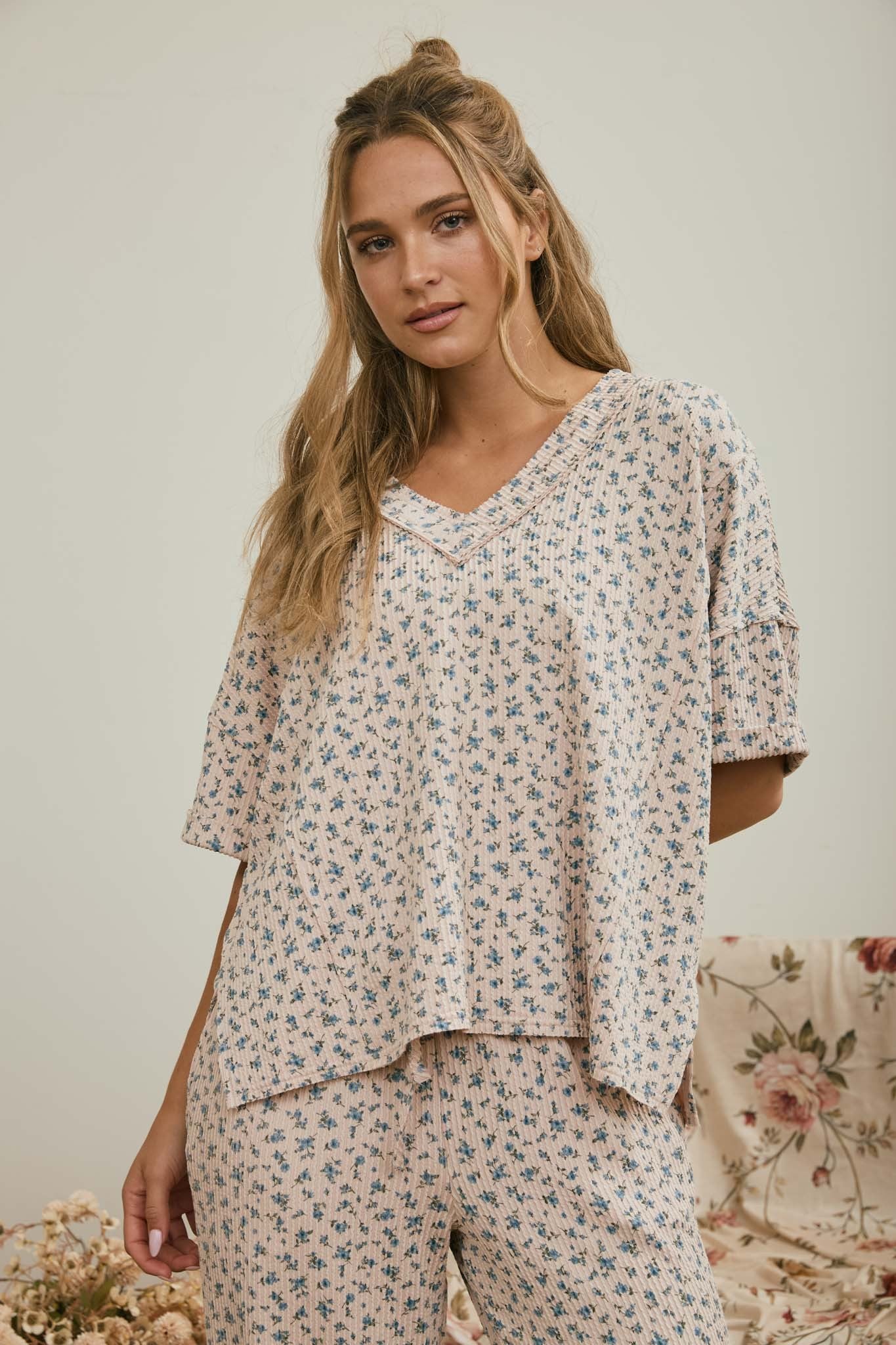 Ditsy Floral Ribbed Short Sleeve