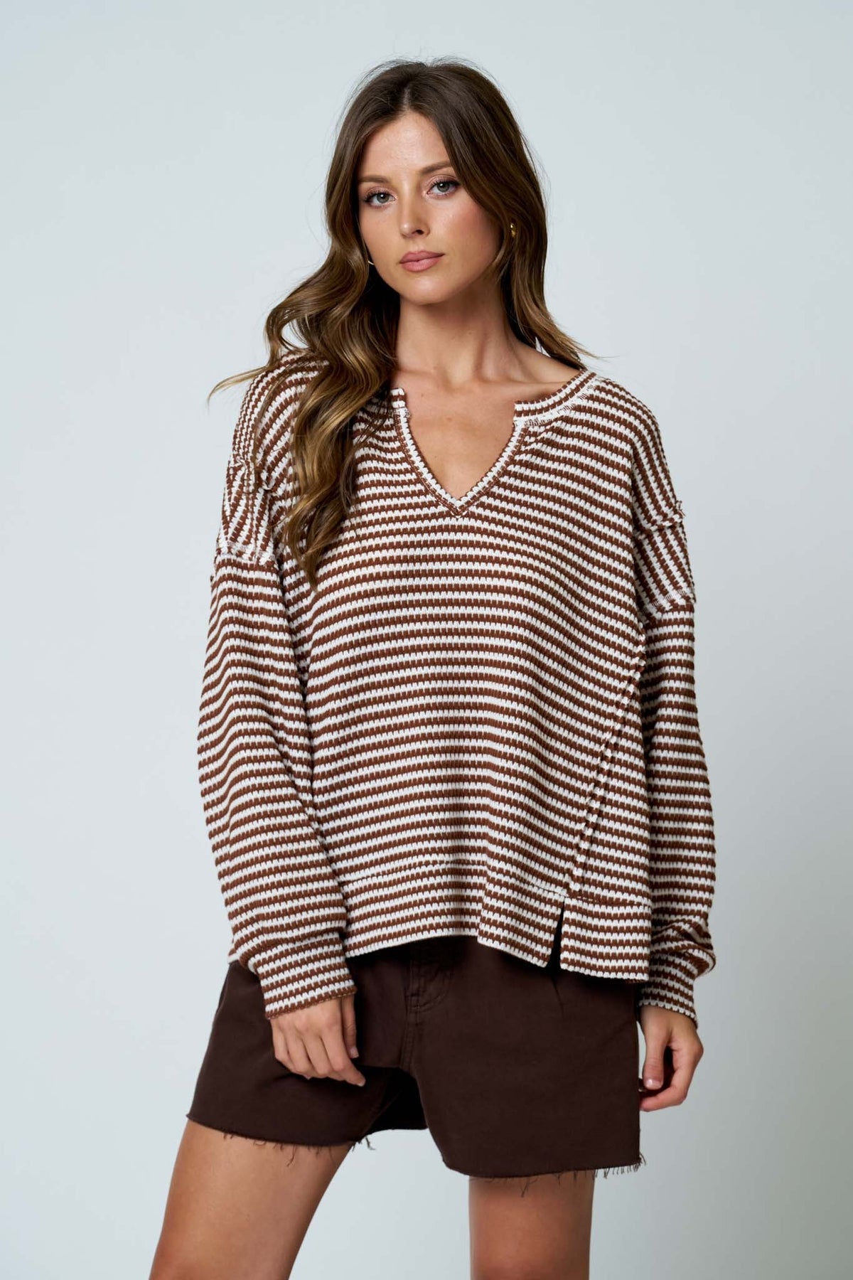Stripe Split Neck Long Sleeve Top