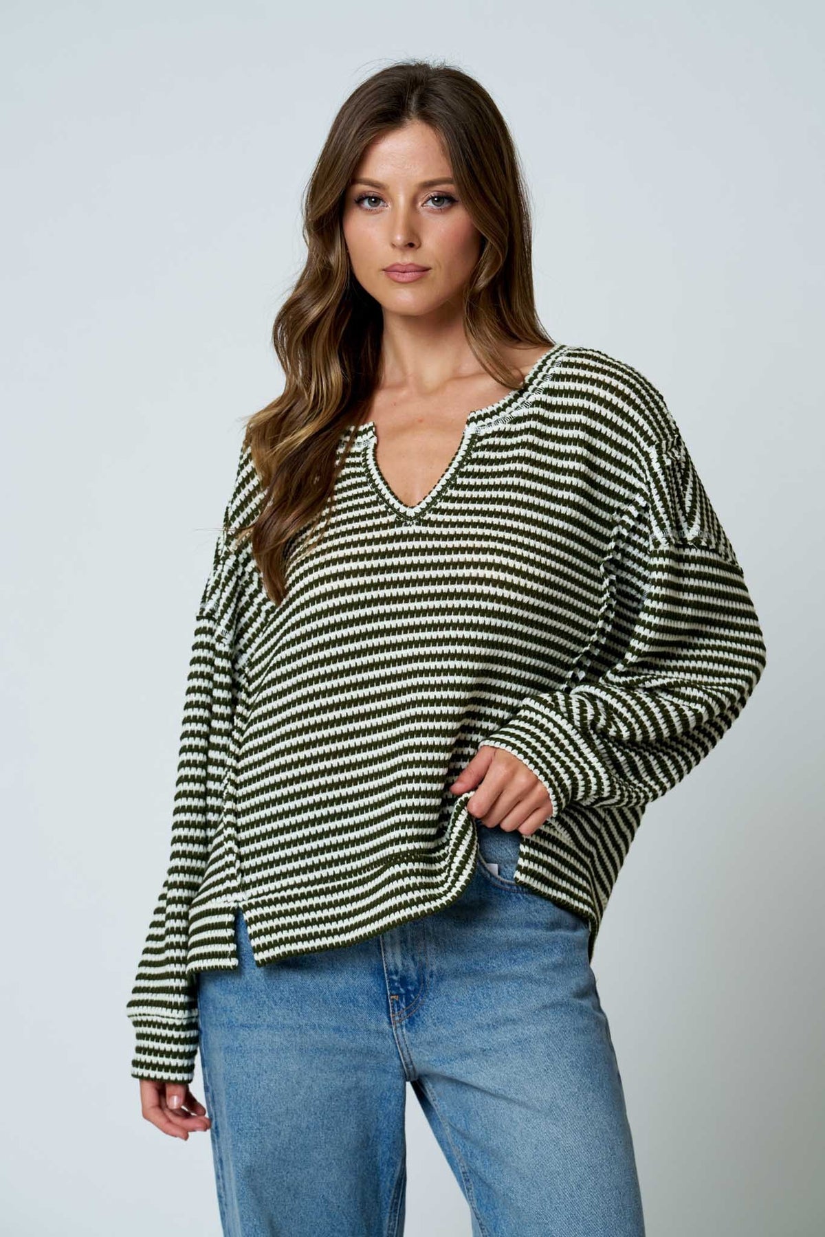 Stripe Split Neck Long Sleeve Top