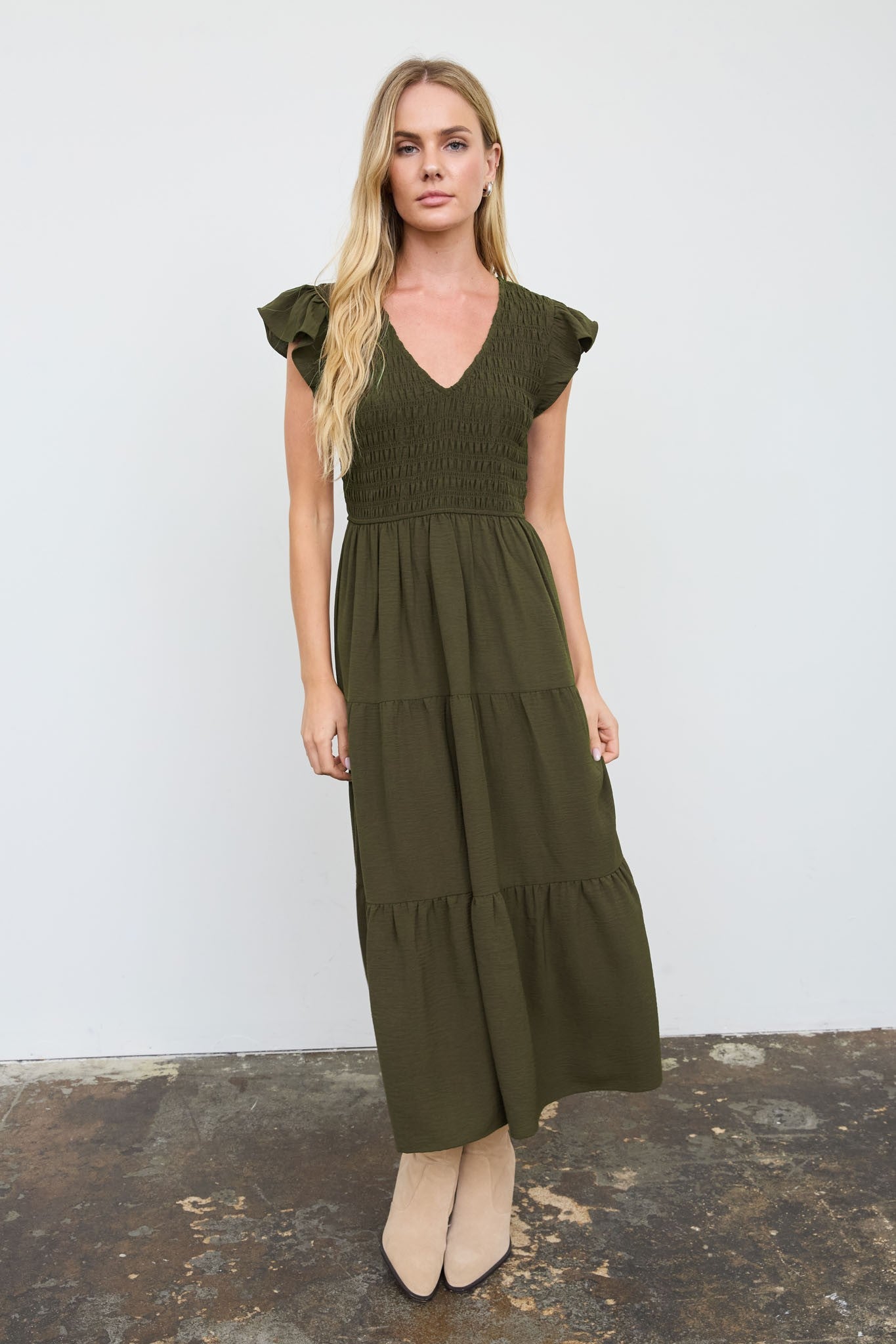 Flutter Sleeve Smocked Midi Dress