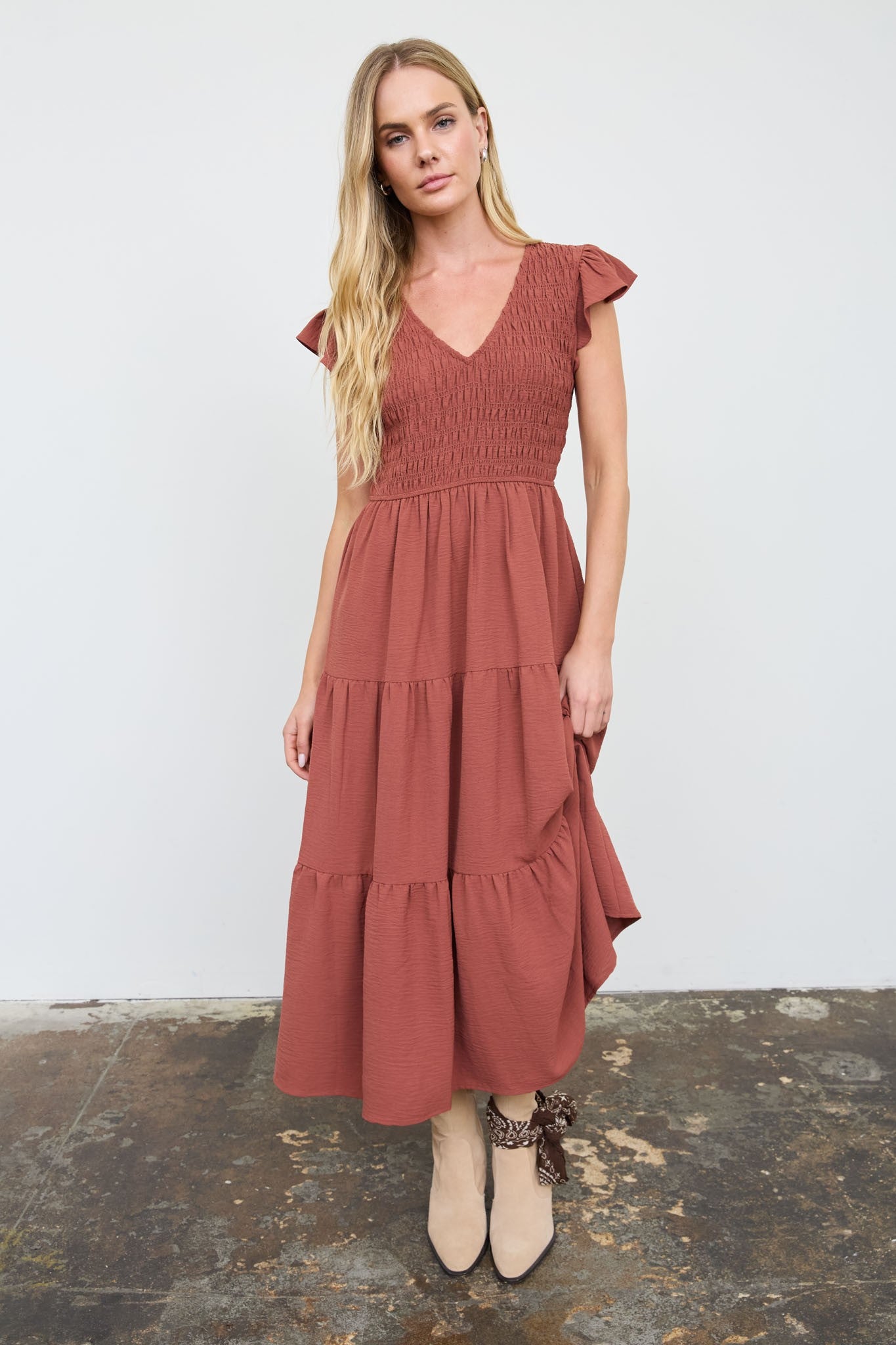 Flutter Sleeve Smocked Midi Dress