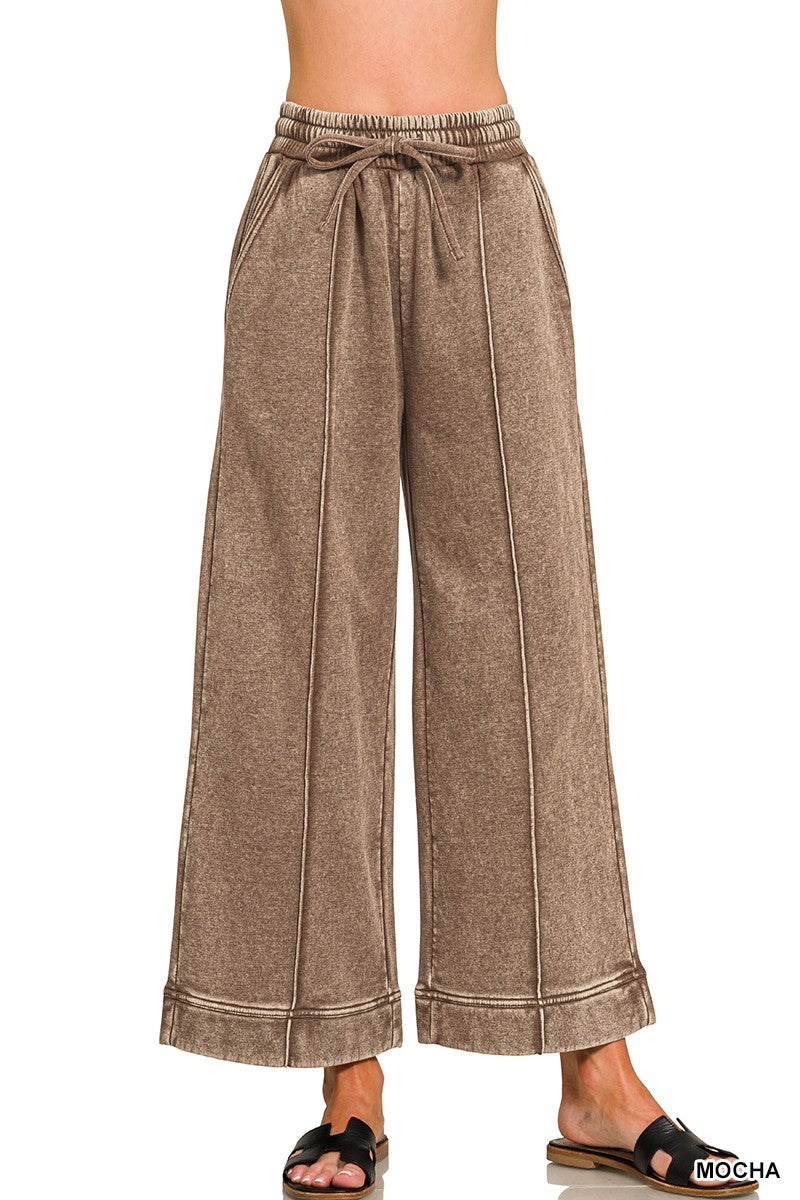 Pintuck Wide Leg Fleece Bottoms