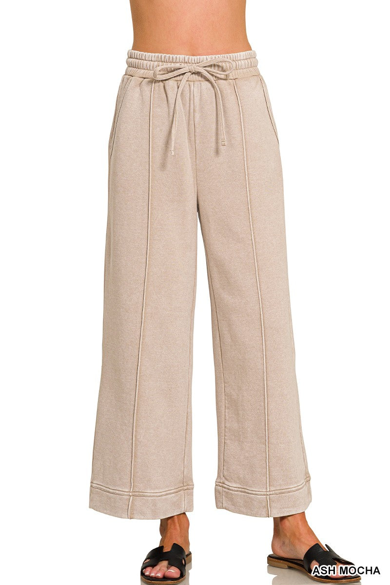 Pintuck Wide Leg Fleece Bottoms