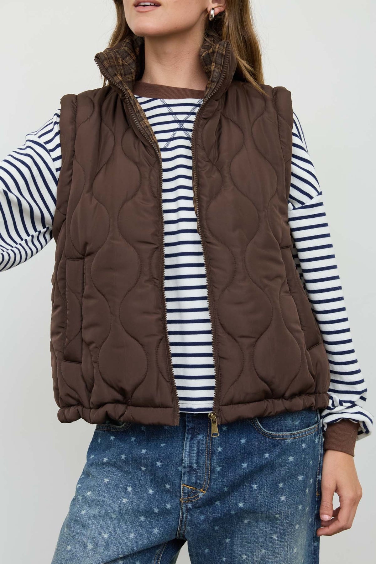 Plaid Collar Quilted Vest