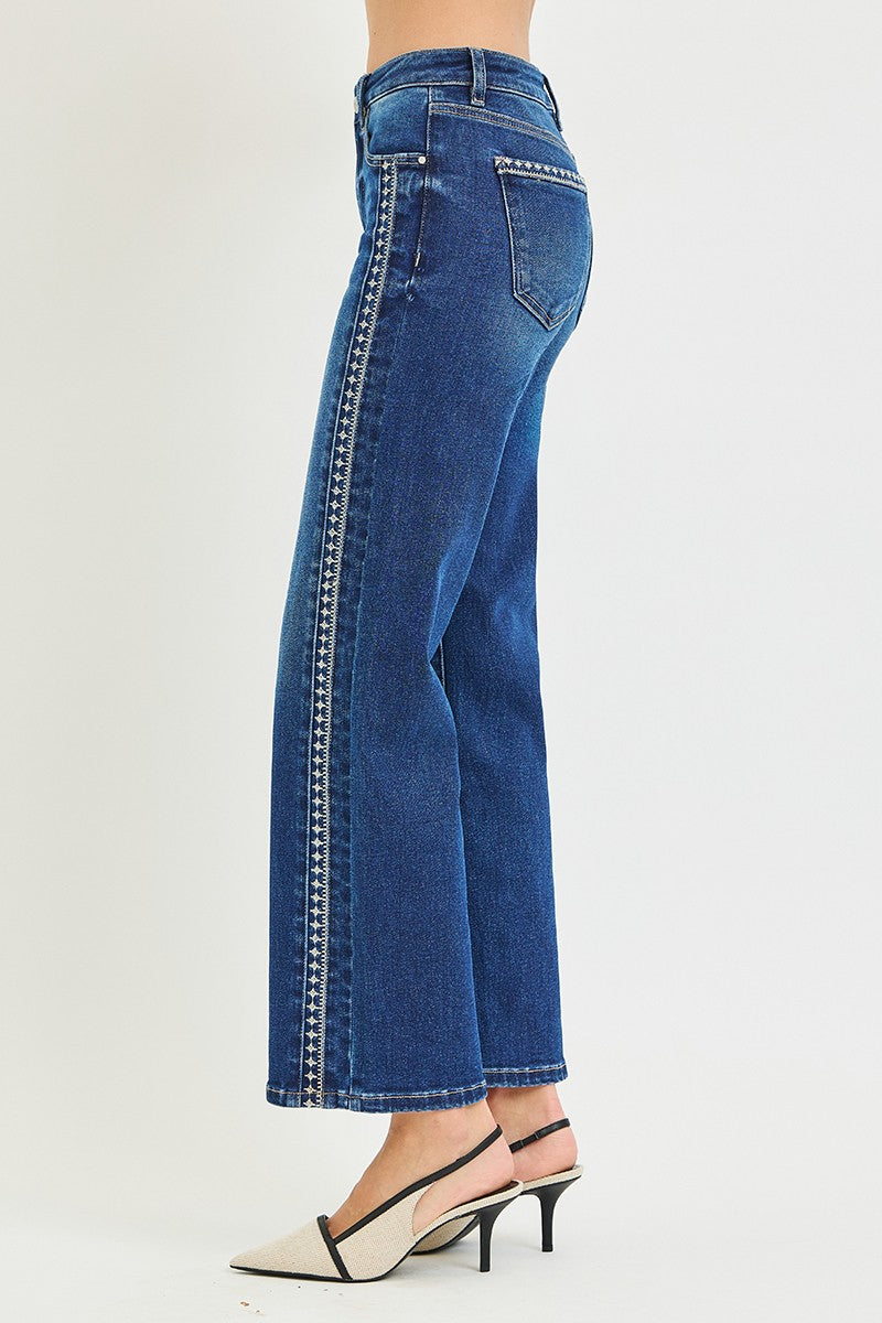 Ankle Straight Embroidered Detail Risen Denim