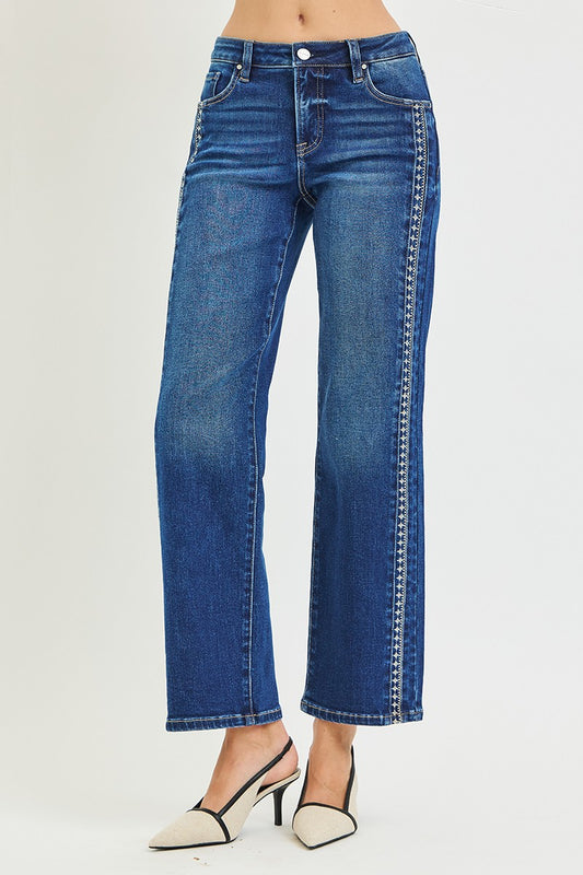 Ankle Straight Embroidered Detail Risen Denim