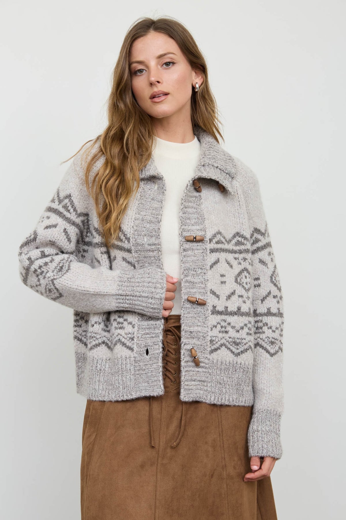 Mock Neck Fair Isle Knit Cardigan