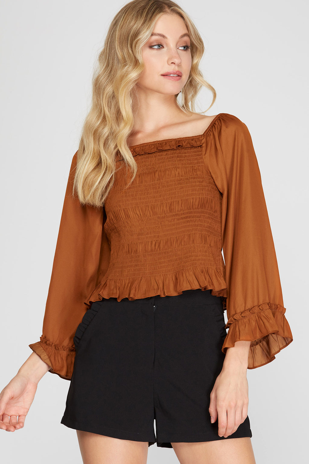 Caramel Bell Sleeve Satin Smocked Top