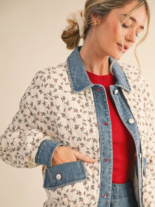 Floral Quilted Denim Contrast Jacket