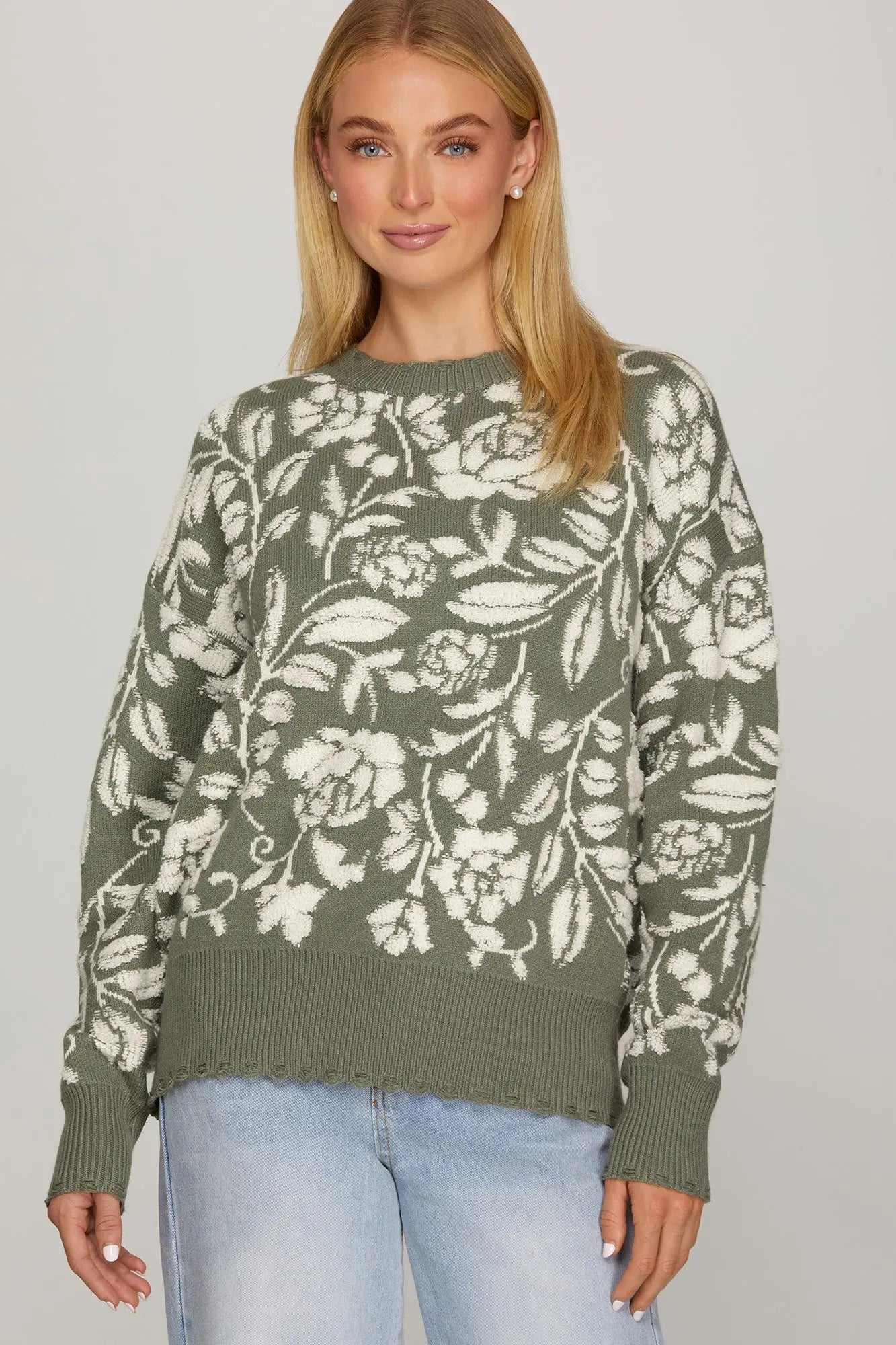 Olive Floral Design Sweater