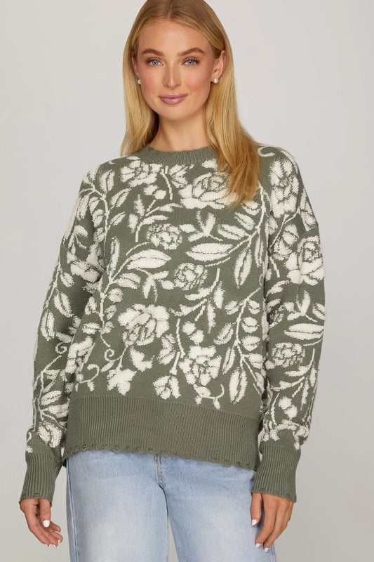 Olive Floral Design Sweater
