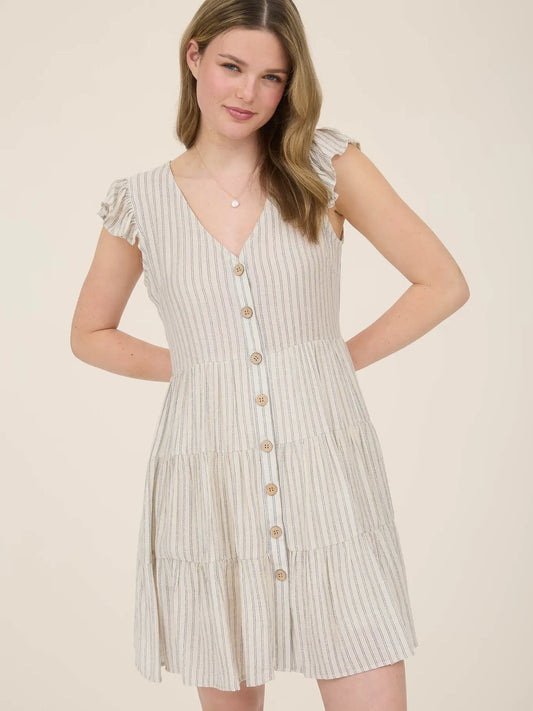 Khaki Stripe V Neck Tiered Mini Dress