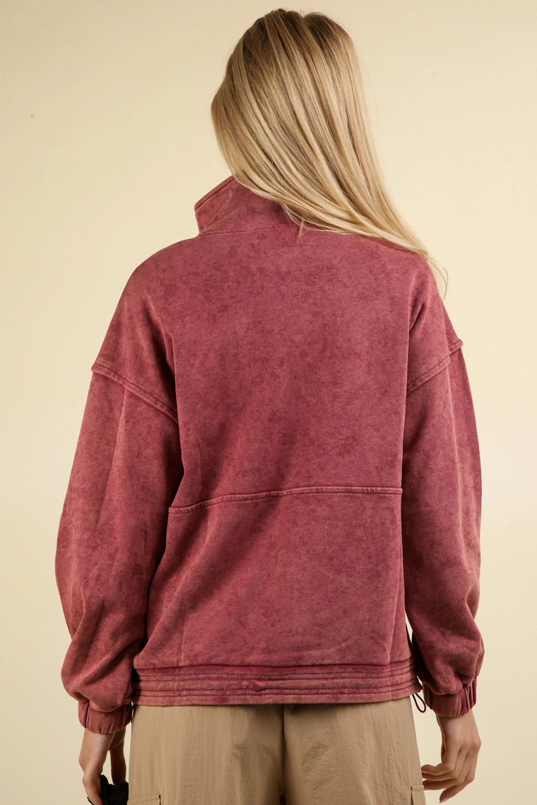 Mineral Washed Button Sweatshirt-Rose