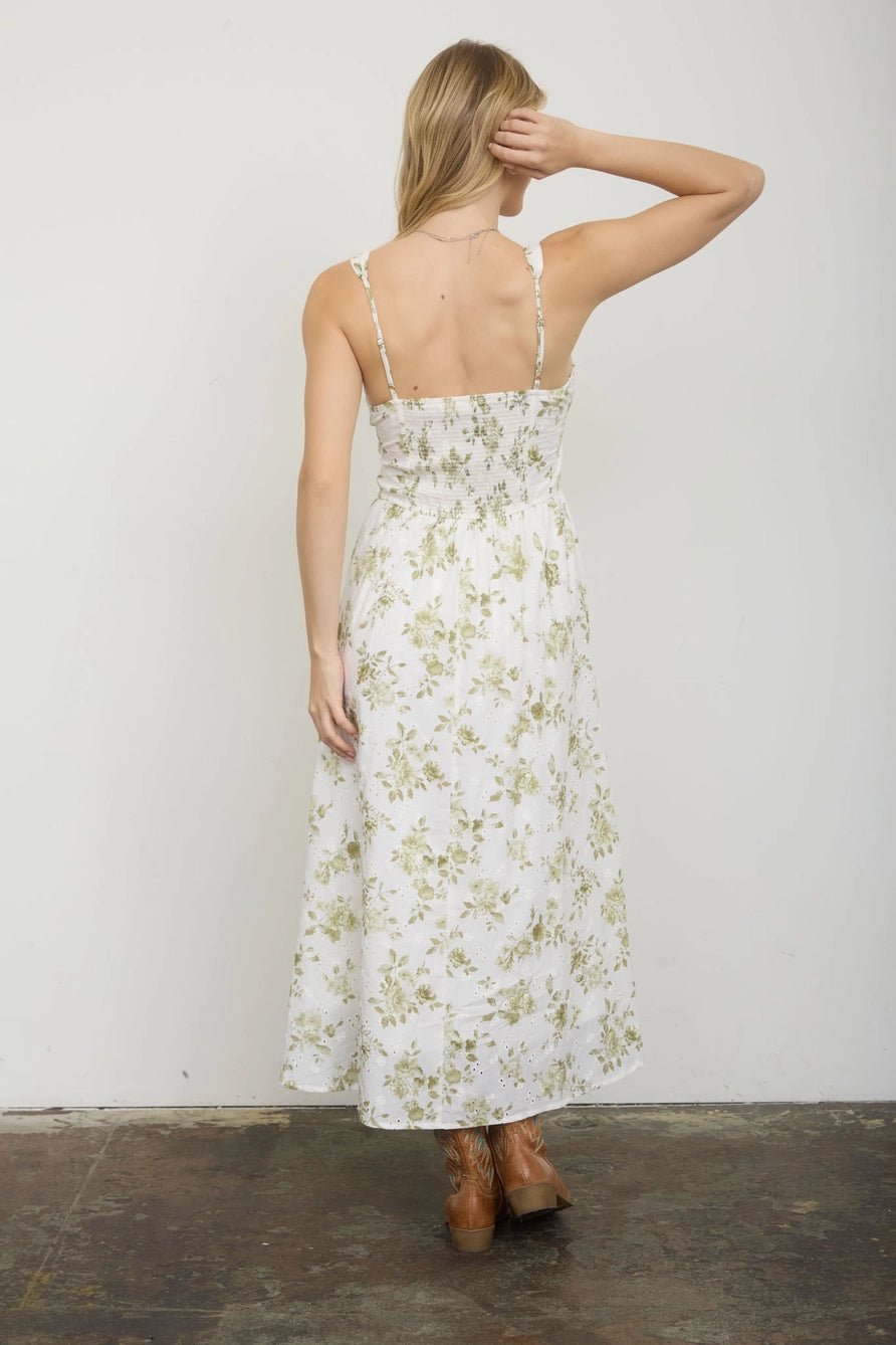 Olive Floral Pattern Midi Dress
