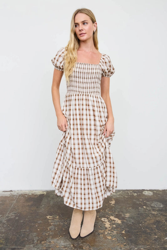 Plaid Smocked Puff Sleeve Midi Dress