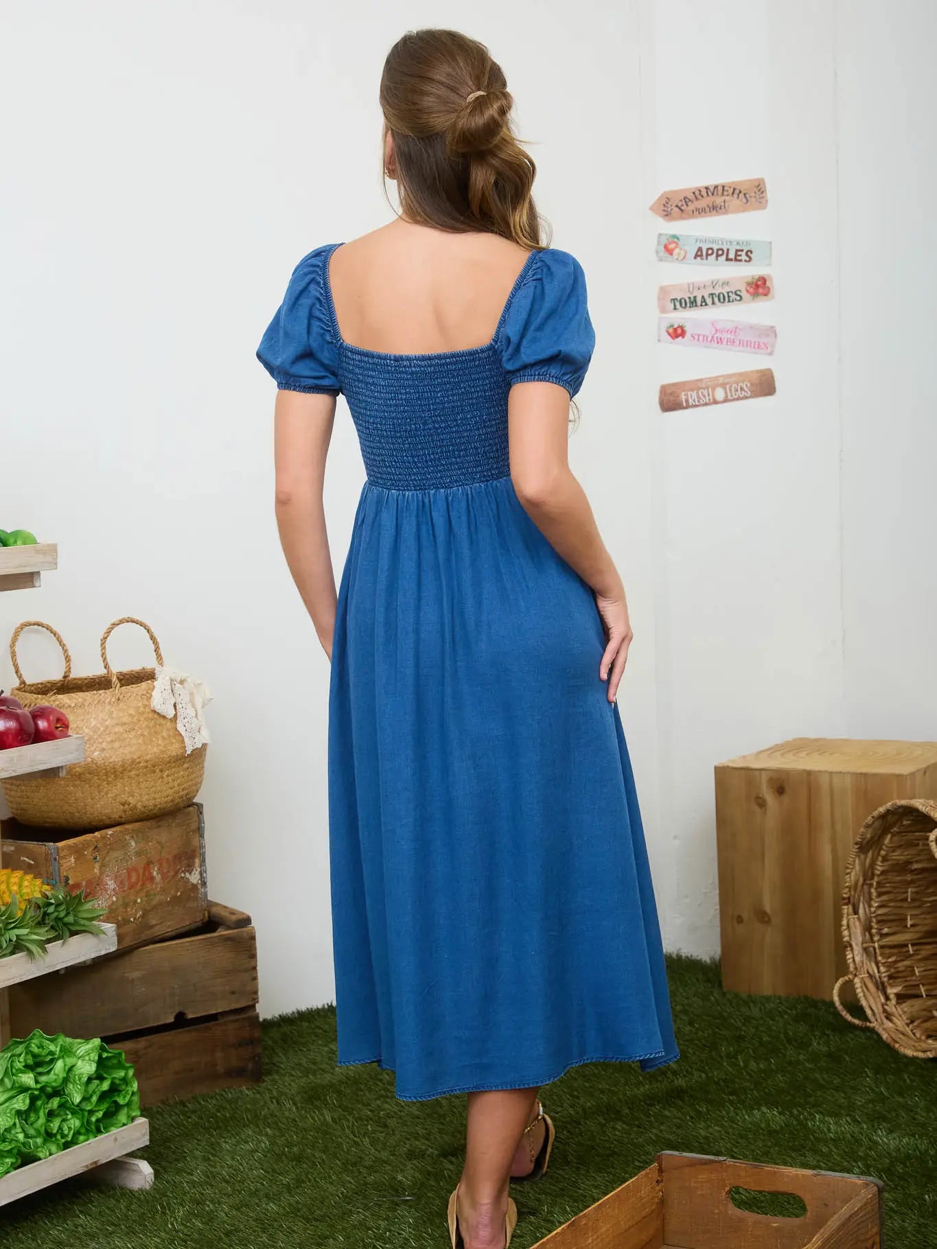 Smocked Front Tie Mid Dress