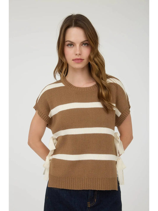 Side Tie Short Sleeve Stripe Sweater