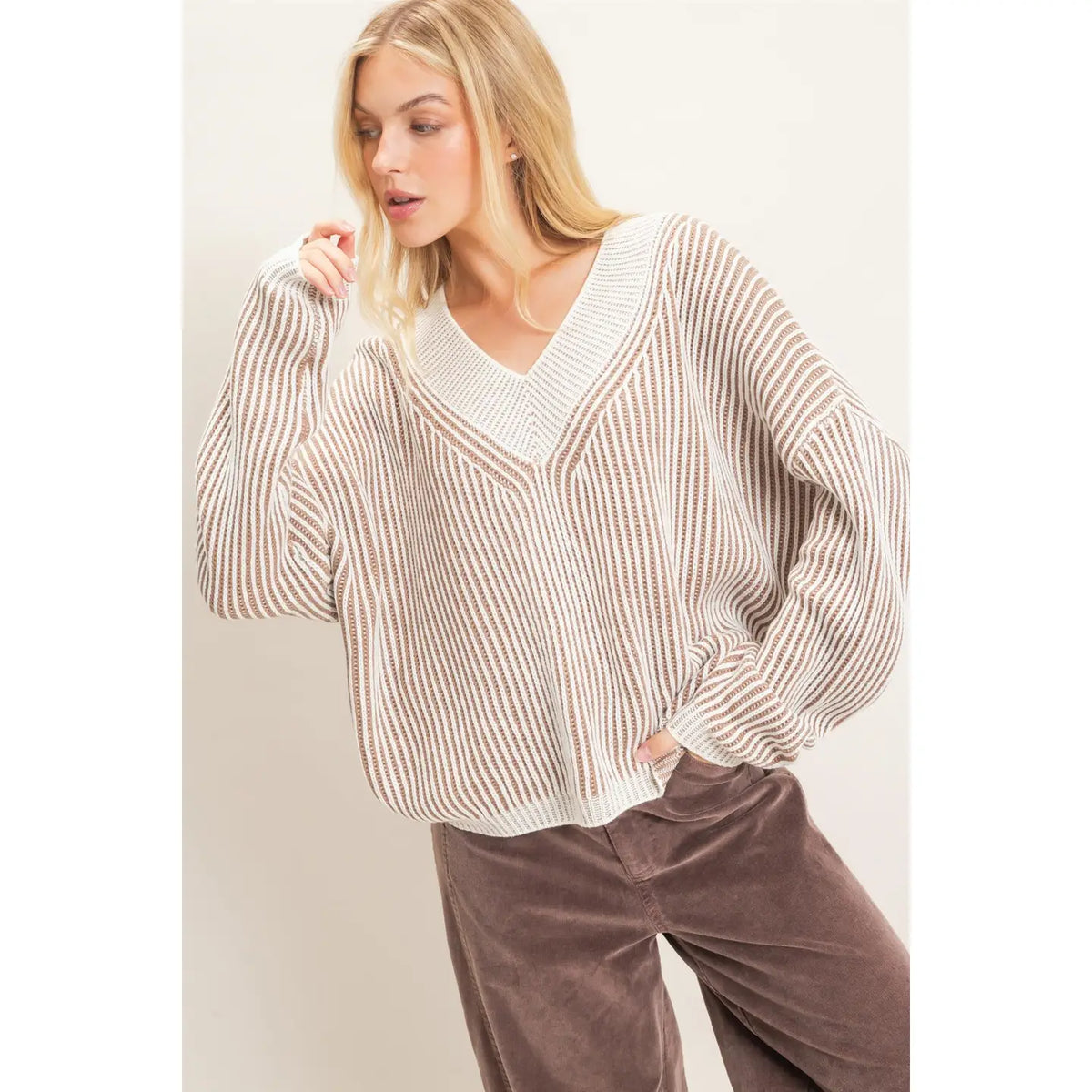 Striped V Neck Ribbed Sweater