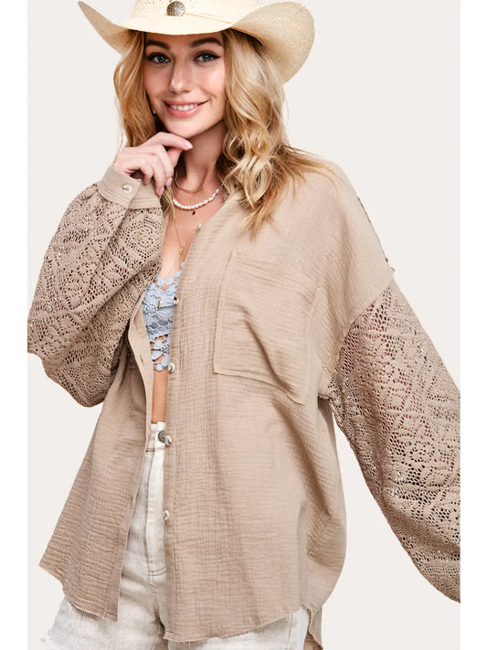 Crochet Trim Detail Button Down Shirt