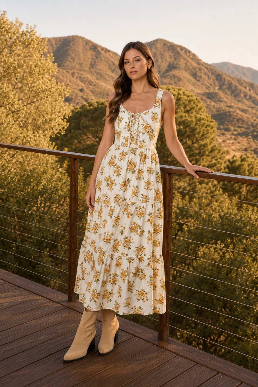Floral Lace Up Corset Dress