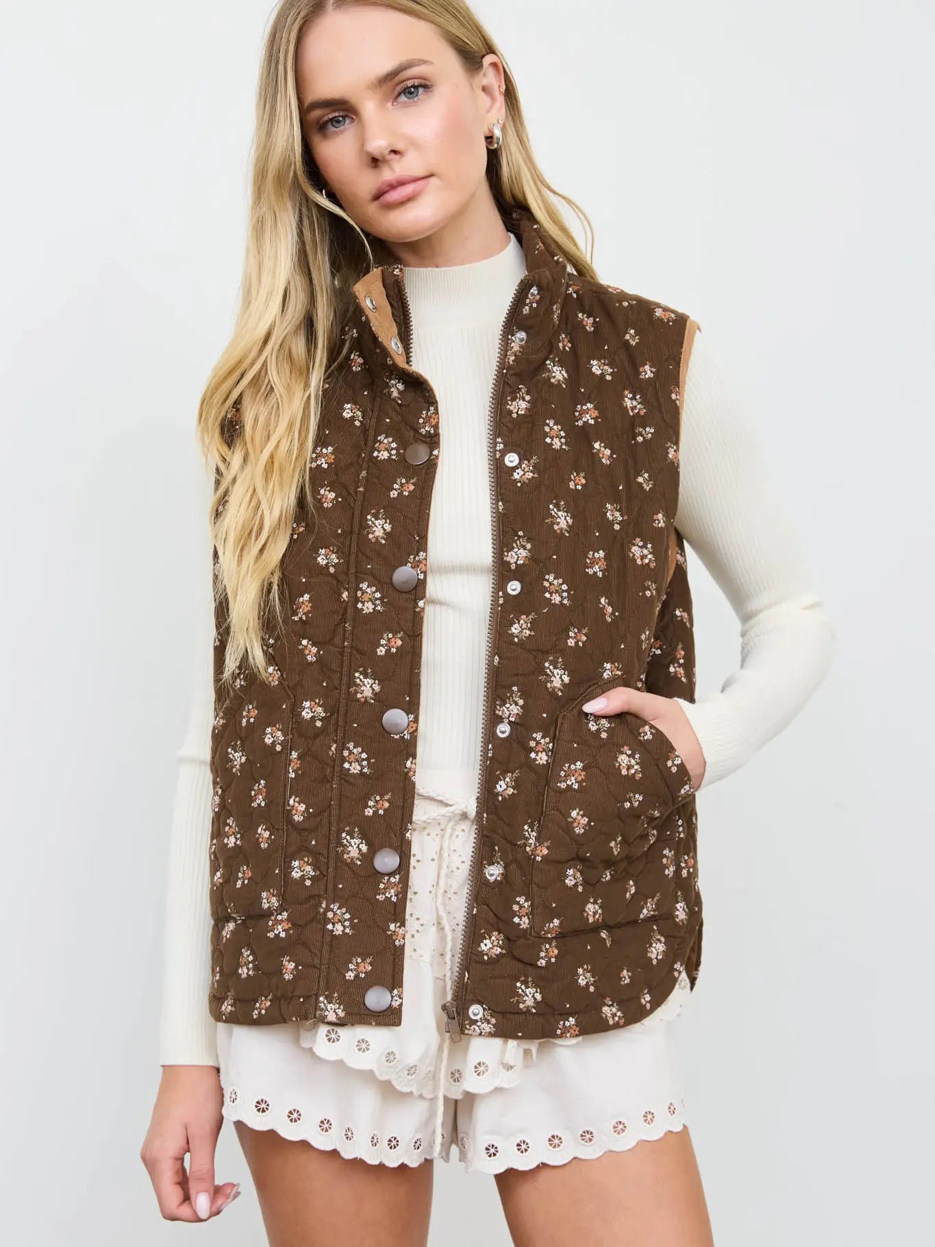 Floral Quilted Zip Up Vest