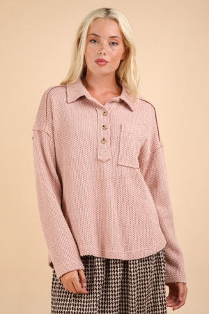 Textured Collared Henley Sweater-Blush