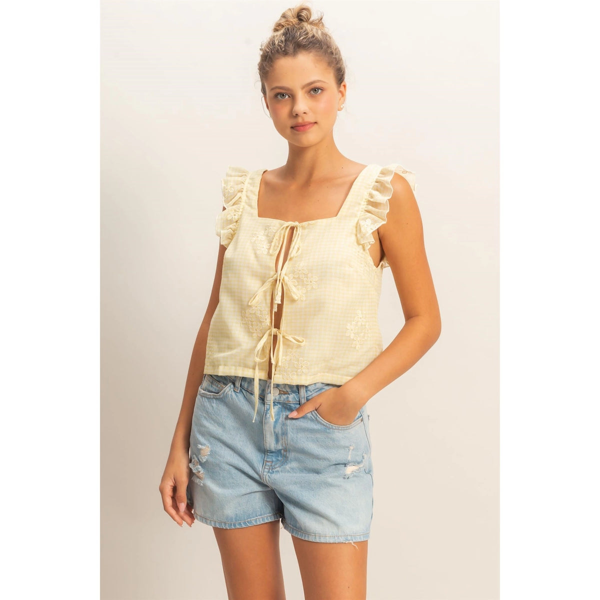 Embroidered Gingham Tie Front Top